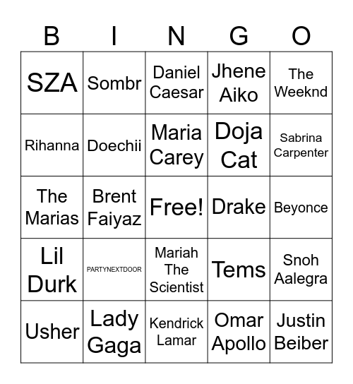 NO NAME Bingo Card