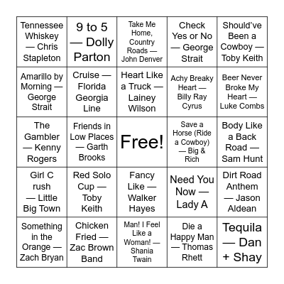 Country Music Bingo Card