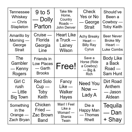 Country Music Bingo Card