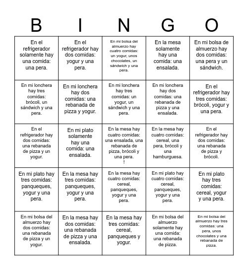Que hay de comida? Bingo Card