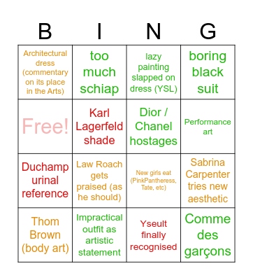 Met Gala 2026 Bingo Card