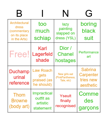 Met Gala 2026 Bingo Card