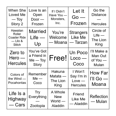 Disney Music Bingo Card