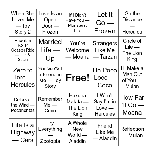 Disney Music Bingo Card