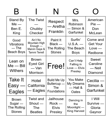 Oldies Music Bingo Card