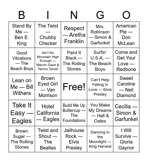 Oldies Music Bingo Card