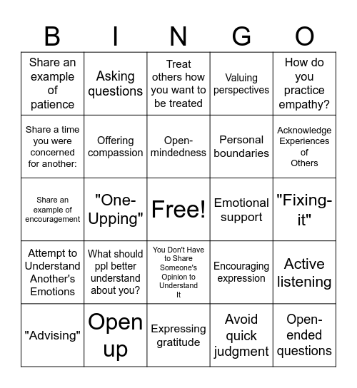 Empathy Bingo Card