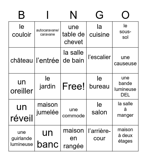 Furniture and Housing Bingo Card