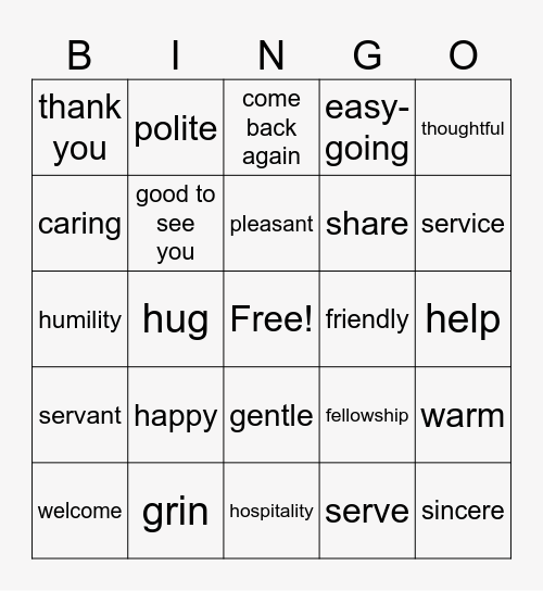 Hospitality Bingo Card