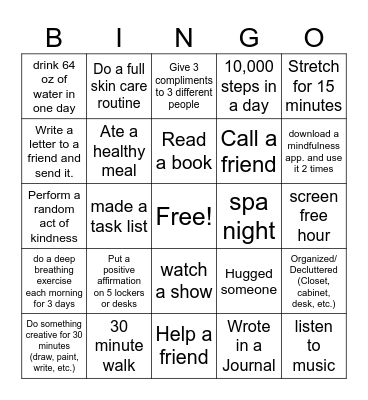 Mental Wellness BINGO Card