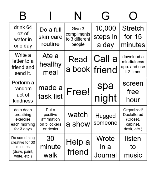 Mental Wellness BINGO Card