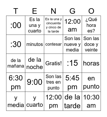 ¿Qué hora es? Bingo Card