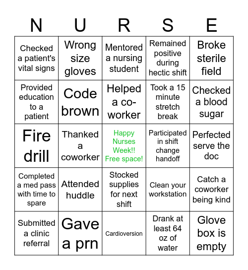 Nurses Week Bingo Card