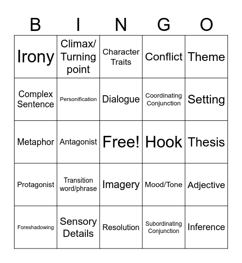 ELA Bingo Card