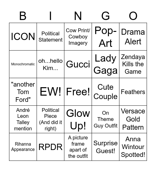 Met Gala Bingo Card