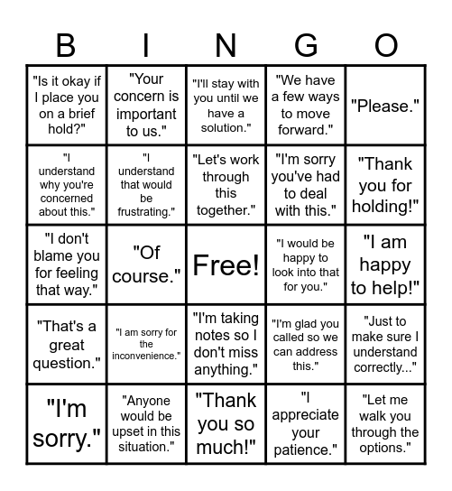 Unmatched Member Service Phrases BINGO Card