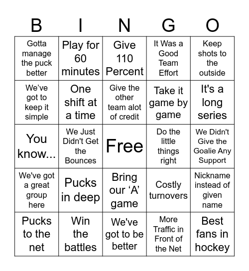 Cliché Hockey Answer Bingo Card