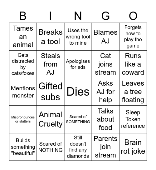 Lucy Minecraft Stream Bingo Card