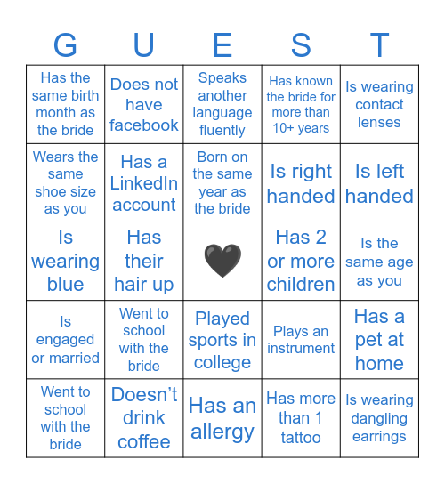 Jayell’s Bridal Shower Bingo Card