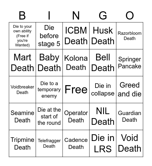 Nullscape Bingo Card