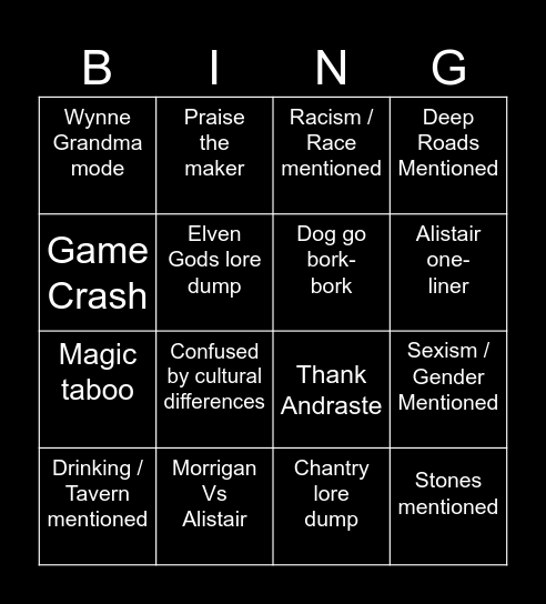 Dragon Age: Origins Bingo Card