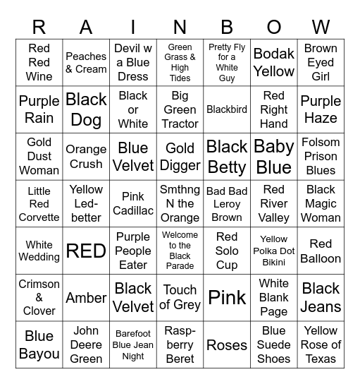All The Pretty Colors Bingo Card