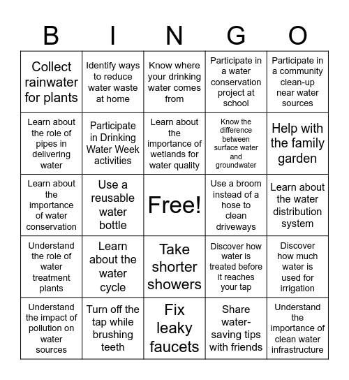 Drinking Water Week Bingo Card