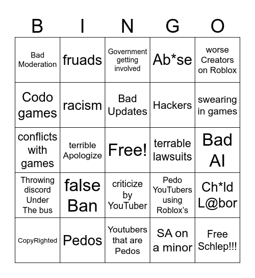 Roblox Worse Sh!t Bingo Card