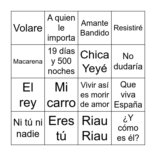 Bingo Musical Bingo Card