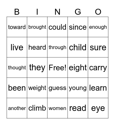 Sight Word Practice Bingo Card