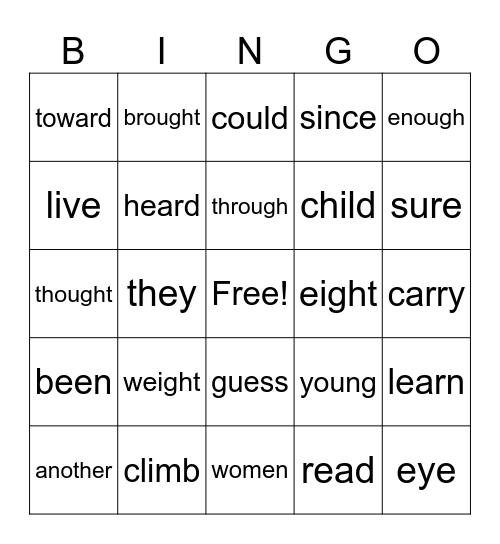 Sight Word Practice Bingo Card