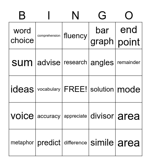 5th Grade Vocabulary Bingo Card