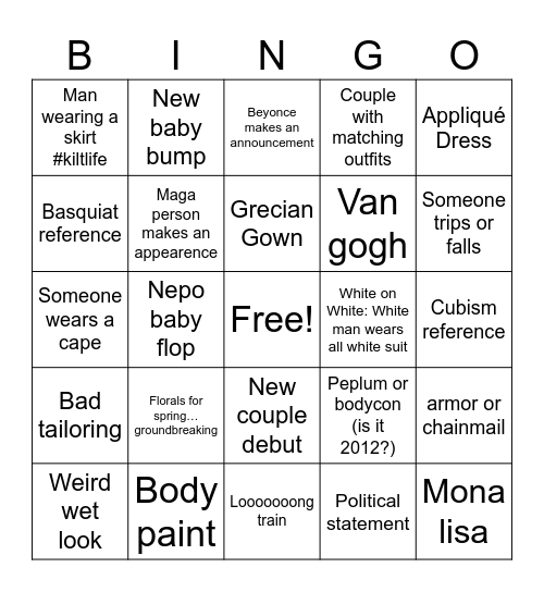 MET Gala 2026 Bingo Card