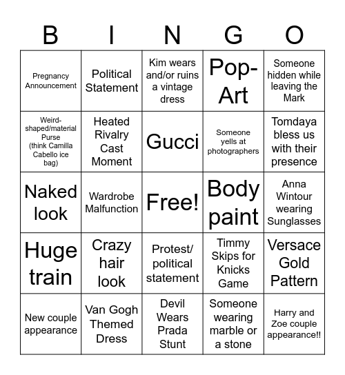 Met Gala Bingo Card