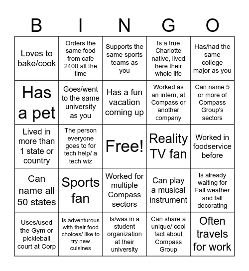 Corporate Intern Welcome Event (Check the box off after chatting with a person that fits the description) Bingo Card