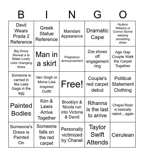 Met Gala 2026 Bingo Card