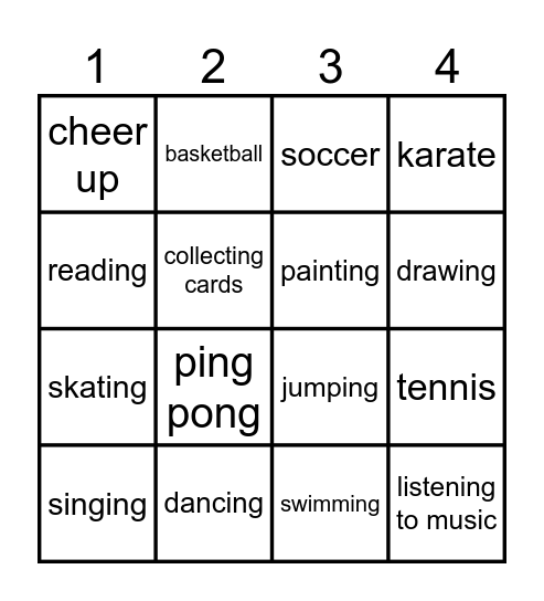 Sports and Free time Bingo Card