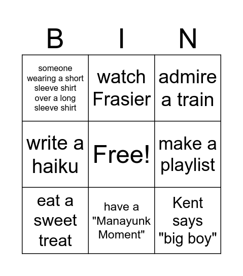 Kent's Birthday Bingo Card