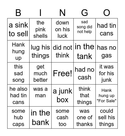 Hank 2.1 Phrases Bingo Card