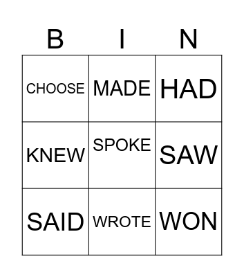 IRREGULAR VERBS Bingo Card