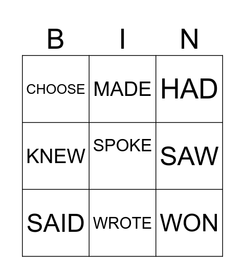 IRREGULAR VERBS Bingo Card