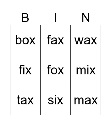 cvc words ending in x Bingo Card
