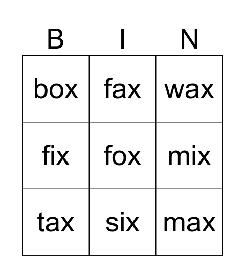 cvc words ending in x Bingo Card