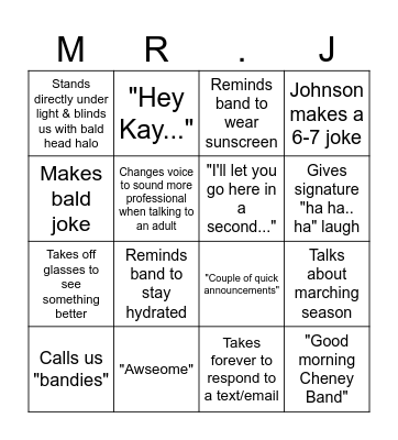 Secret Band Trip Bingo (Mr Johnson's Version) Bingo Card