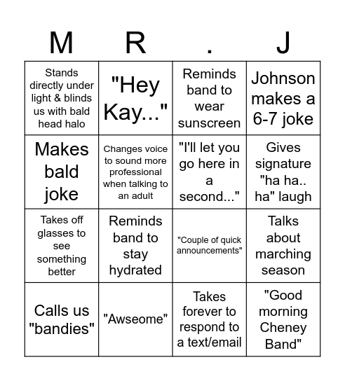 Secret Band Trip Bingo (Mr Johnson's Version) Bingo Card