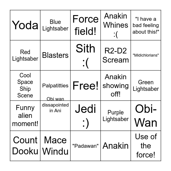 Star wars 1-3 Bingo Card
