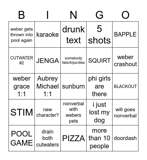 Pool Day Bingo Card