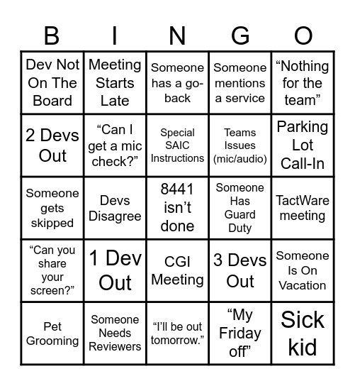 GC Standup Bingo Card