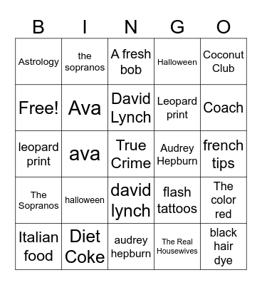 Amber's Favorite Things Bingo Card