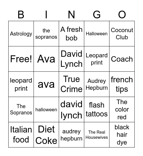 Amber's Favorite Things Bingo Card
